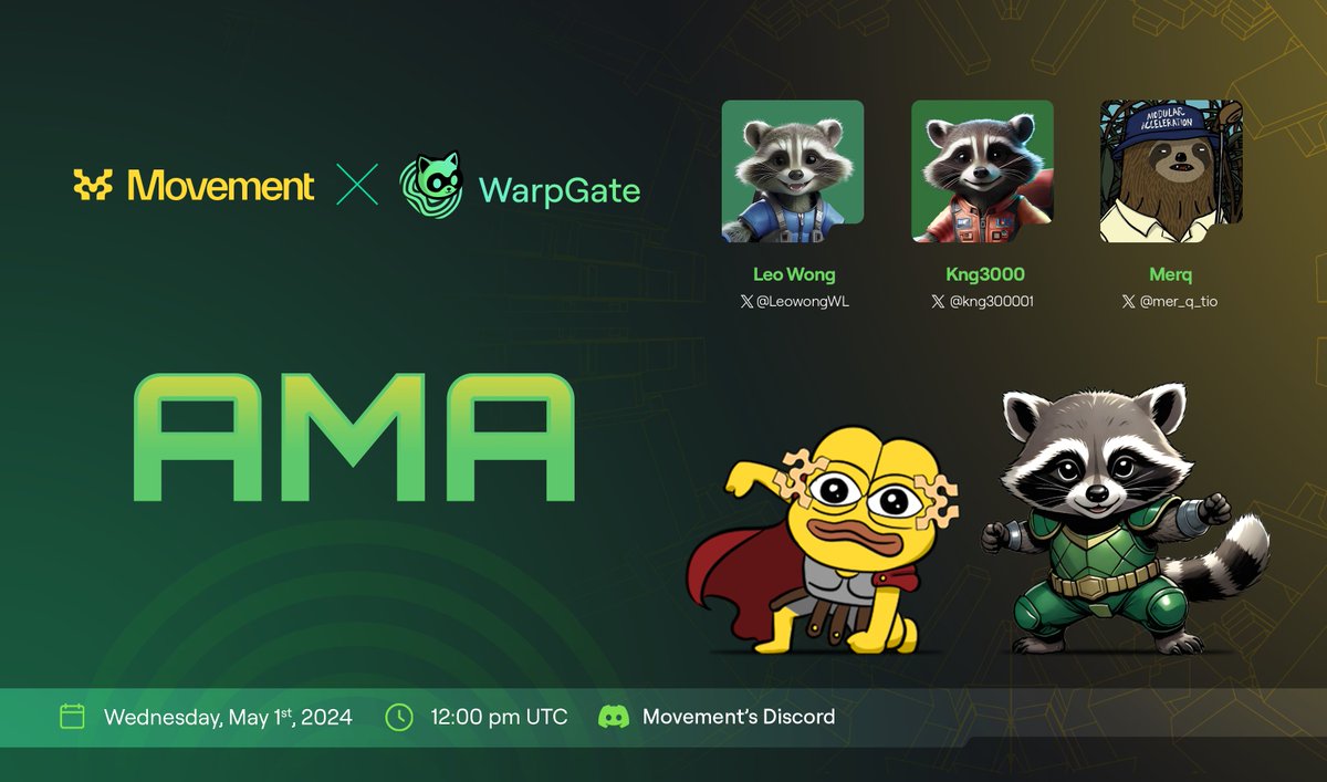 Join Us for the WarpGate x @movementlabsxyz AMA!

🚀 Date: May 1, 2024
⏰ Time: 12 PM UTC
📍 Venue: discord.gg/movementlabsxyz

Get ready for the session! 

Dive deep into the significance of this collaboration, gain exclusive insights you won't want to miss, and chat with us 🦝💛