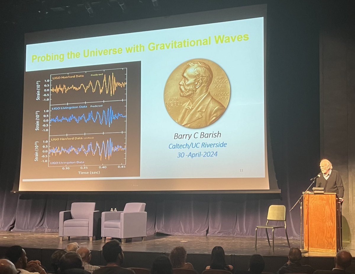 Glad to attend a very entertaining public lecture by @UCRiverside Nobel Laureate, Barry Barish, to celebrate his 2023 National Medal of Science Award. Congratulations to @UCRCNAS and the Dept. of Physics on organizing a great series of events. @UCR_ScienceNews