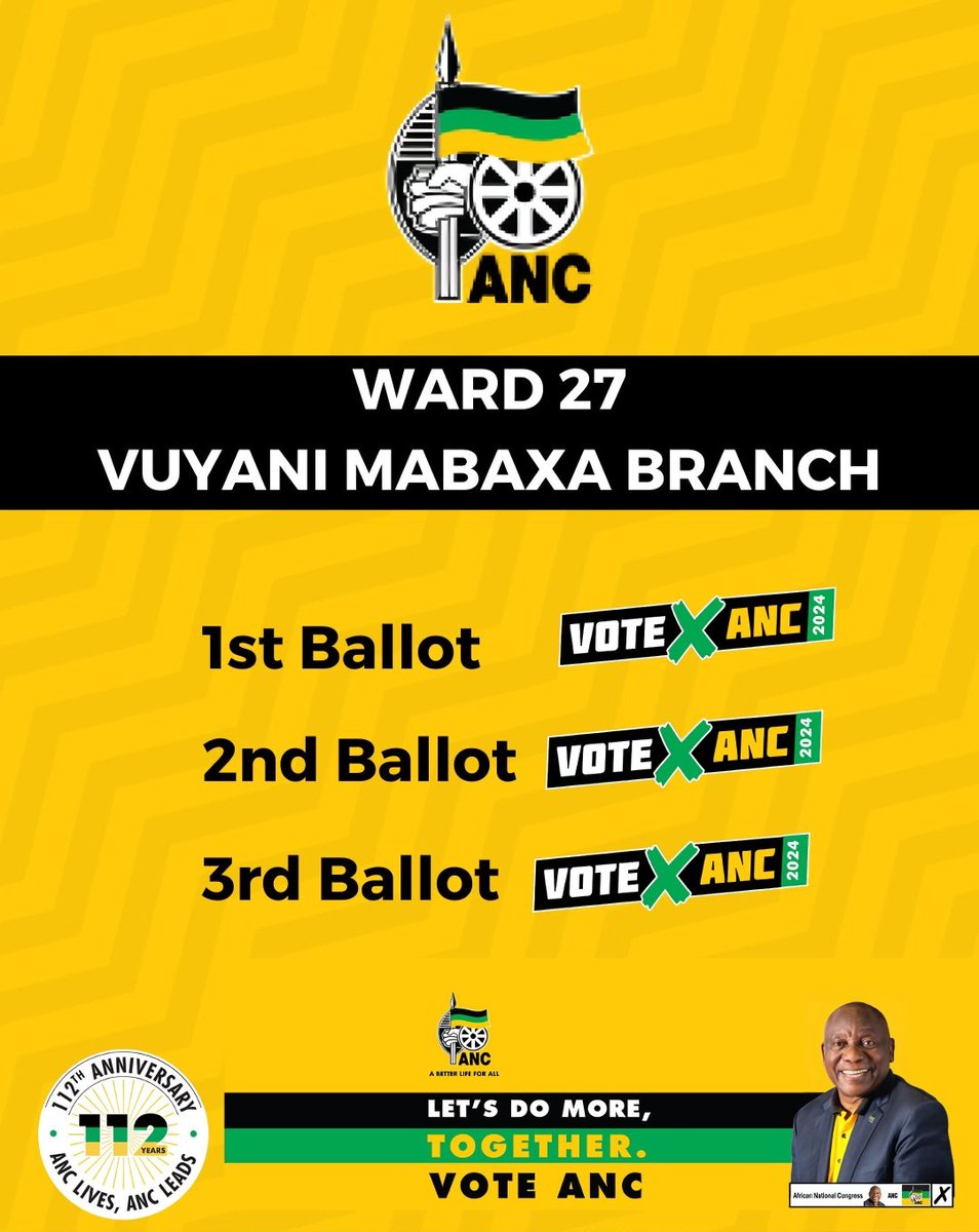 🌟 28 DAYS TO GO🌟 

1st Ballot: #VoteANC ❎
2nd Ballot: #VoteANC ❎
3rd Ballot: #VoteANC ❎

@ANCJHB @GautengANC @MYANC @NtandoKhoza13 @Milikitati @Mahlaku_mokgadi @sneidjer365 @Stan_Itsh @khanyi1509

#ANCLivesANCLeads #ANC24 #VoteANC #ANCAtWork  #LetsDoMoreTogether ⚫🟢🟡