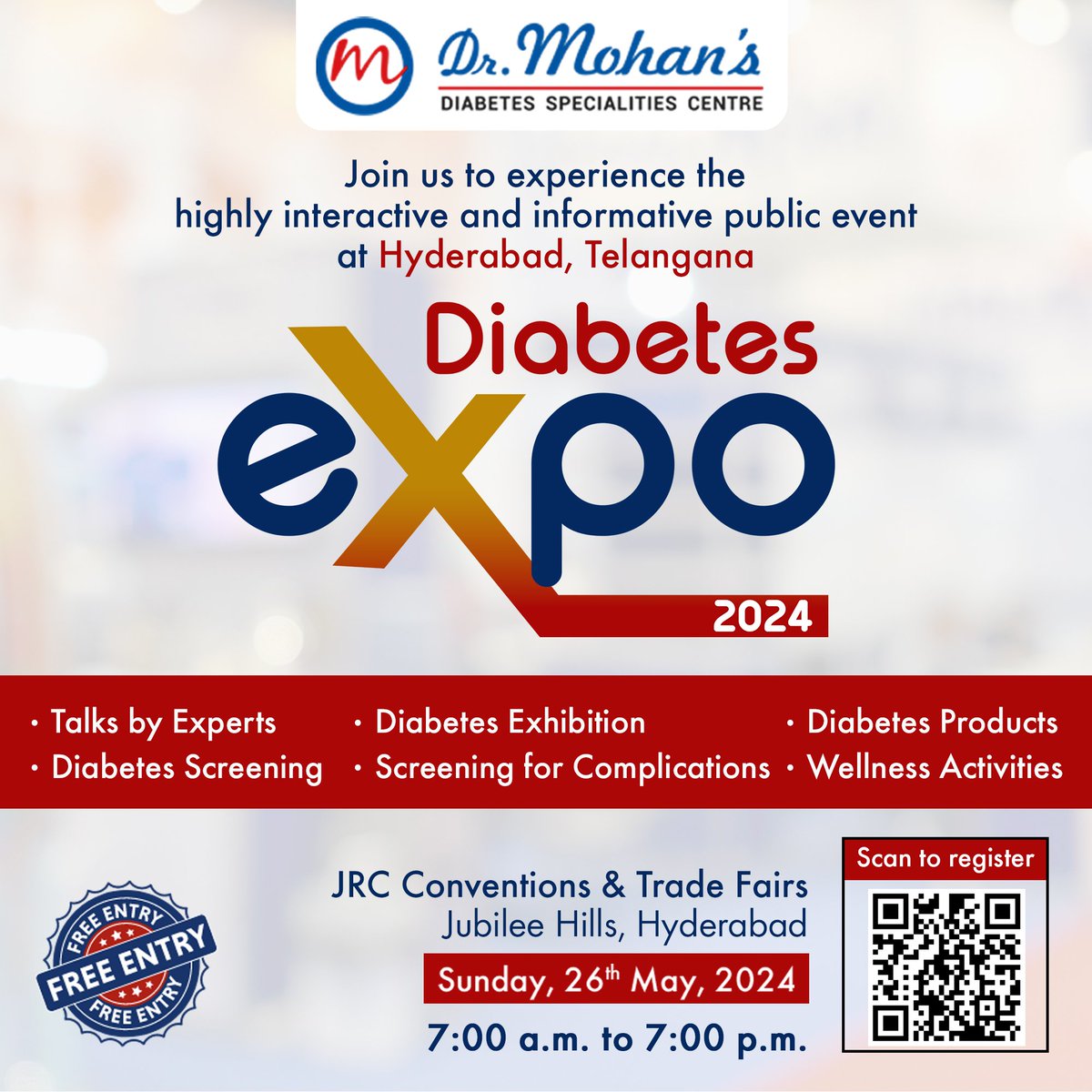 Step into a Healthier Future at Dr. Mohan's Diabetes Expo 2024! Join us in Hyderabad on May 26 for an eye-opening day of cutting-edge diabetes technology, products and services designed to empower effective diabetes self-management and expert insights. 🗓 Date: May 26, 2024…