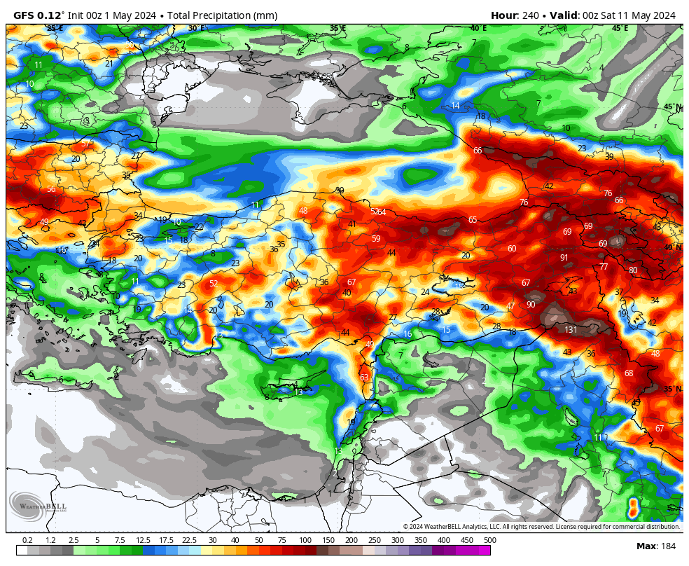 ECMWF,GFS,GEM modelleri önümüzdeki 10 günlük toplam yağış miktarları mm 🌧⛈️