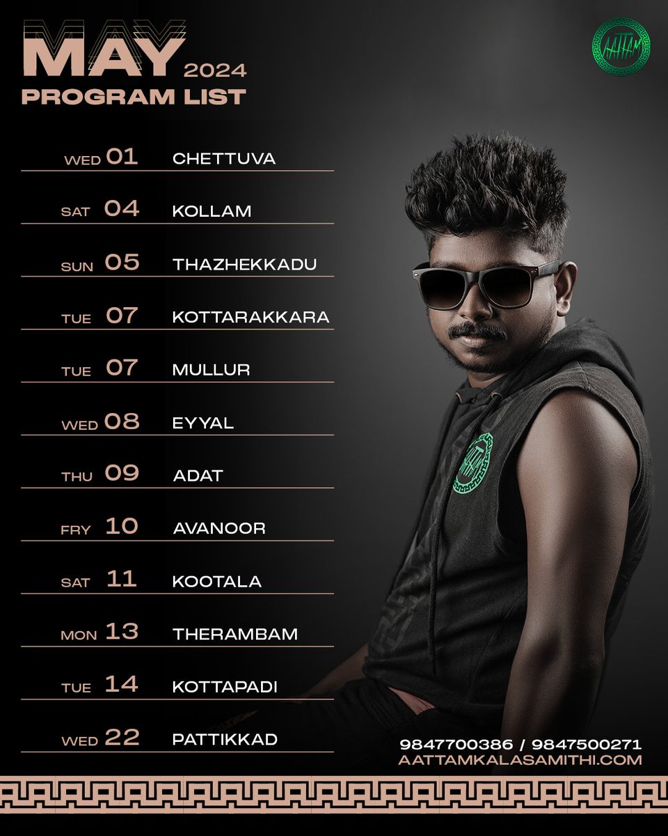 Hello May, Here's our program list for the month of May.

Let's Dance with the Rhythm of Aattam.

For Booking:
Saneesh : +919847700386
Pratheesh : +919847500271

#aattamkalasamithi #aattam #aattamswerpacha #programlist #kerala #program #May2024