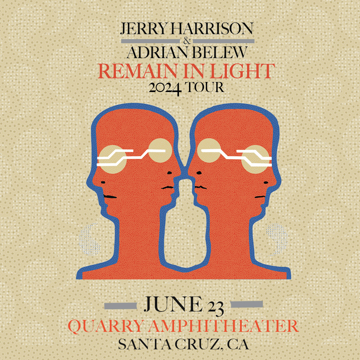 Remain In Light will be returning to Santa Cruz in California on June 23. Join Jerry Harrison and myself as we celebrate the music of the Talking Heads! Pre-sale begins tomorrow at 10am. Sign up at remaininlight.net to receive your access code. #talkingheads