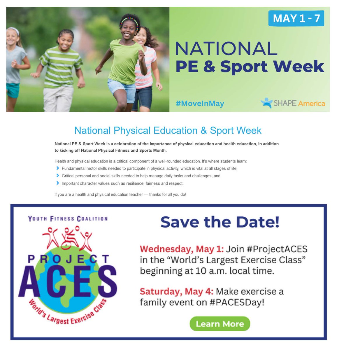 theYFCinc's tweet photo. Join us today, Wed. May 1st -
36th annual #ProjectACESDay as part of
#NationalPEandSportWeek @SHAPE_America

 A lifetime of fitness starts here https://t.co/jDOvUNGCP8

#YouthFitness #LTAD #PhysEd 
#ProjectACESatHome #WorldsLargestExerciseClass
#AllChildrenExerciseSimultaneously https://t.co/zOTsCzL42O