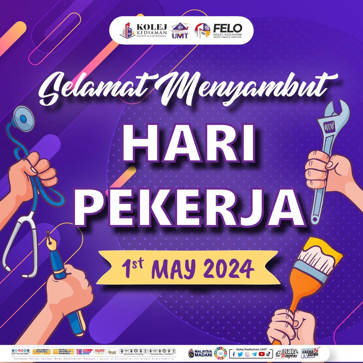 Selamat Hari Pekerja 2024.

Semoga sambutan ini memberi semangat buat semua dlm melaksanakan amanah & tugasan dengan lebih baik di masa hadapan.

#HEPAbingkas
#HEPAPrihatin
#WargaHEPACemerlang
#UMTSohor
#ILoveUMT
#UMTPrihatin
#WargaUMTCemerlang
#KitaJagaKita
#TerimaKasihUMT