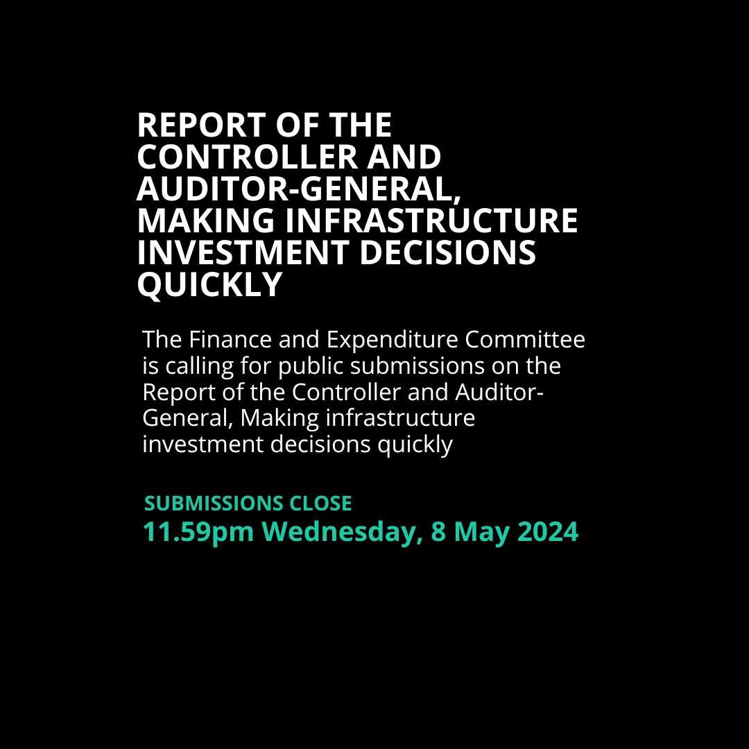 1 week left to make a submission on the Report of the Controller and Auditor-General, Making infrastructure investment decisions quickly. Find out more and make a submission on our website: bit.ly/3IVs6s7 Submissions close on Wednesday 8 May.