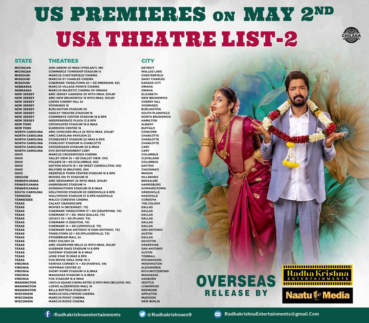 USA Theatre List of #AaOkkatiAdakku 

Premieres from May 2nd

Overseas Release  by @Radhakrishnaen9 @NaatuMedia 

@allarinaresh @fariaabdullah2 @RajivChilaka @harshachemudu @ariyanaglory @GopiSundarOffl @dopSURYAA @ChotaKPrasad @abburiravi @blaxmipati @RajivChilaka

PRO