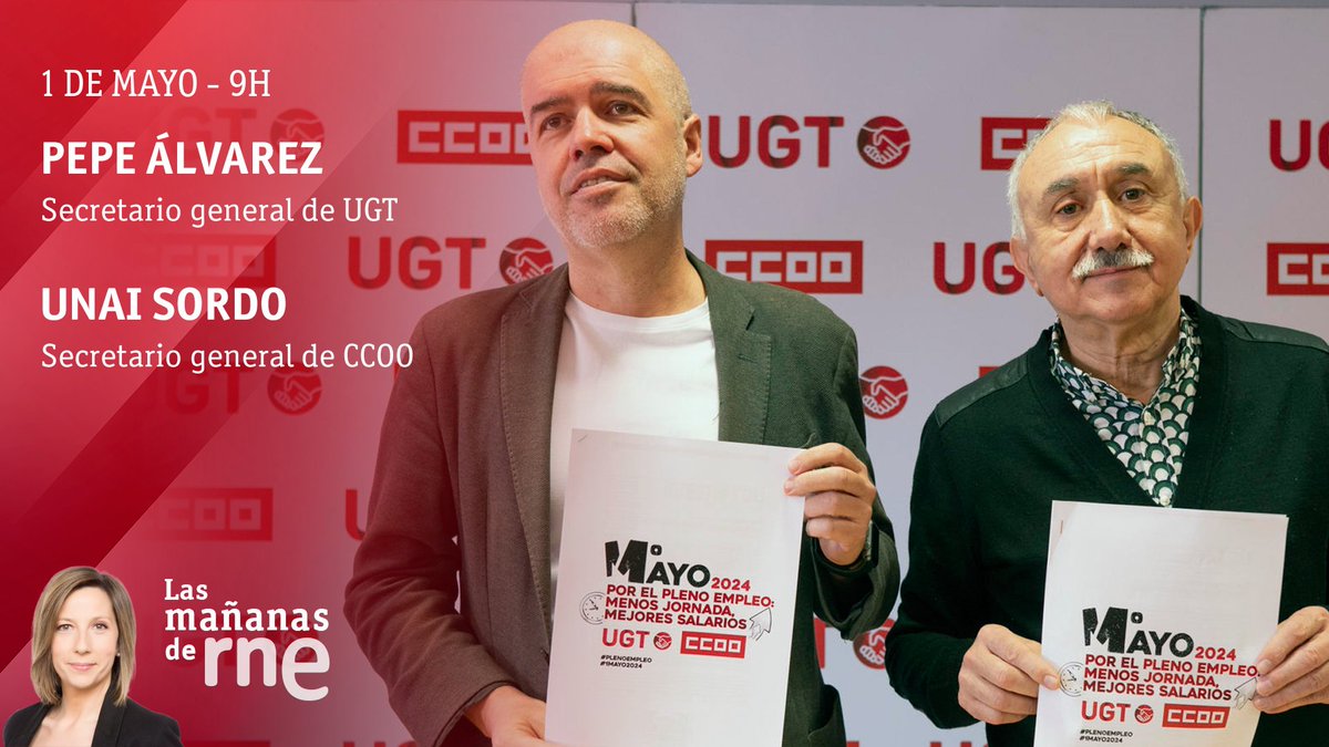 Hoy⤵️ Entrevista a Unai Sordo (@UnaiSordo), secretario general de @CCOO y Pepe Álvarez (@SG_UGT), secretario general de @UGT_Comunica A partir de las 9 con @Meritxell_78 ▶️ rtve.es/play/radio