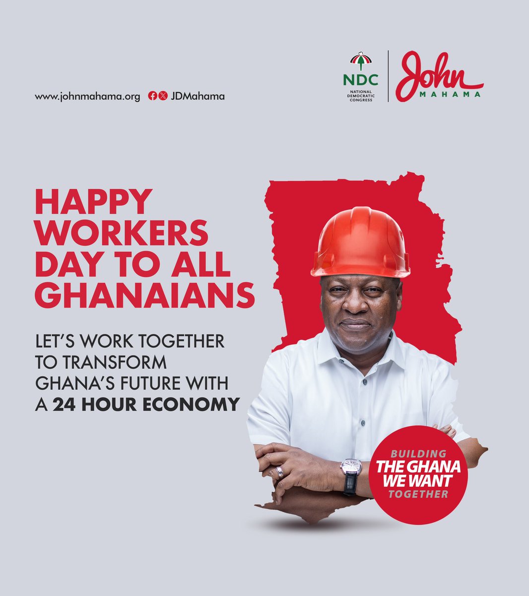 Happy #WorkersDay to all Ghanaian workers. We celebrate and appreciate your hard work and dedication which keeps our country running. 

Thank you for all that you do! 
#MayDay 
#LetsBuildGhanaTogether
#Mahama24hourEconomy