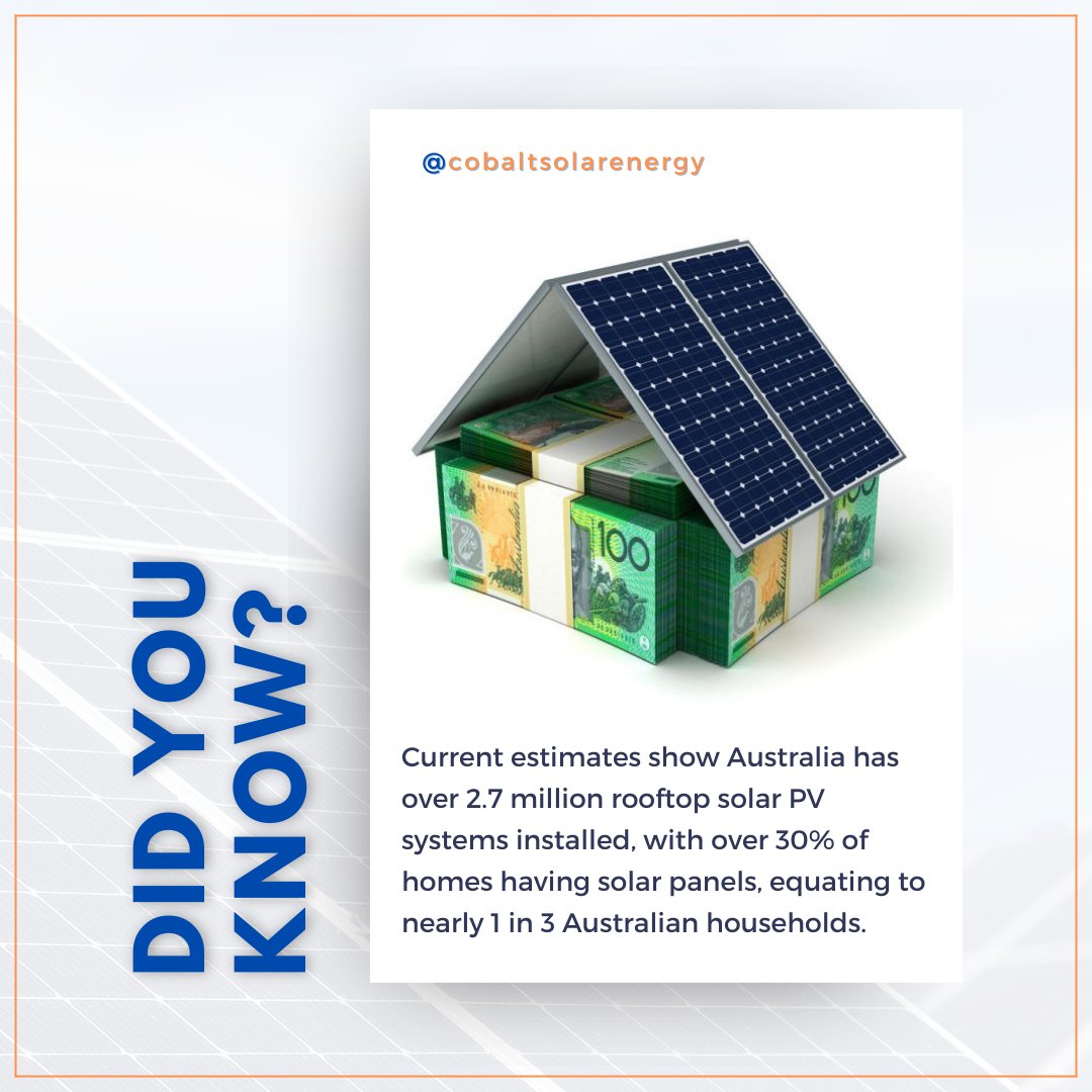 Did you know nearly 1 in 3 Australian households have rooftop solar PV systems installed? 🌞🏡

#cobaltsolarenergy #didyouknow #renewableenergy #solaraustralia #solarcomponents #BoS #solarpanel #solarinstallation #solarinstaller #solarwholesale