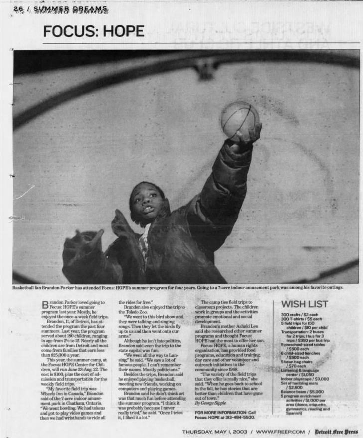 Detroit Free Press 2003 Article on Focus-Hope Summer Program with Photo Profile on Brandon Parker with Wheels Inn as his Favourite Field Trip #Detroit #CKont