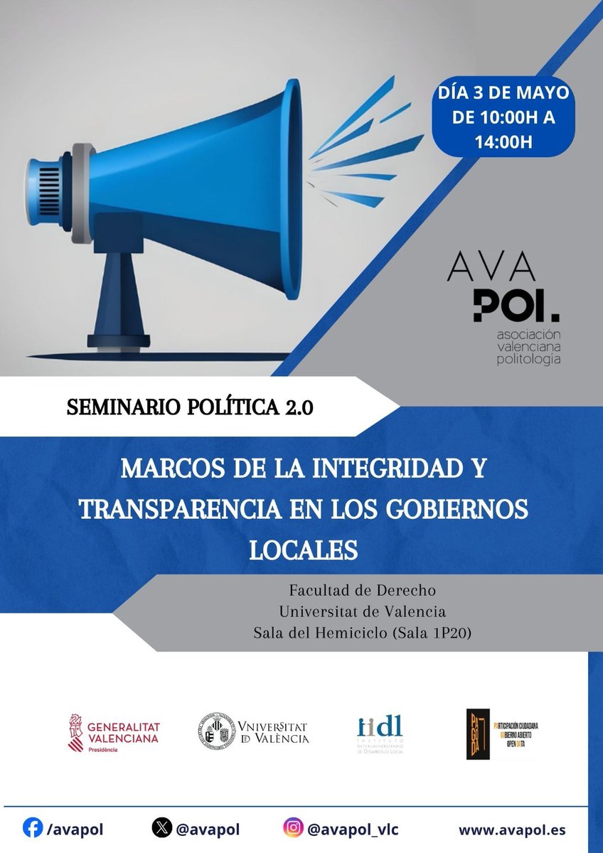 El próximo viernes estaré en la @DretUV, invitado por los compañeros de @AVAPOL para hablaros de integridad y transparencia en los municipios de la Comunidad Valenciana, que oye, tiene chicha la cosa. Spoiler, integridad no es transparencia, ni se le parece. #DipuPower 💪