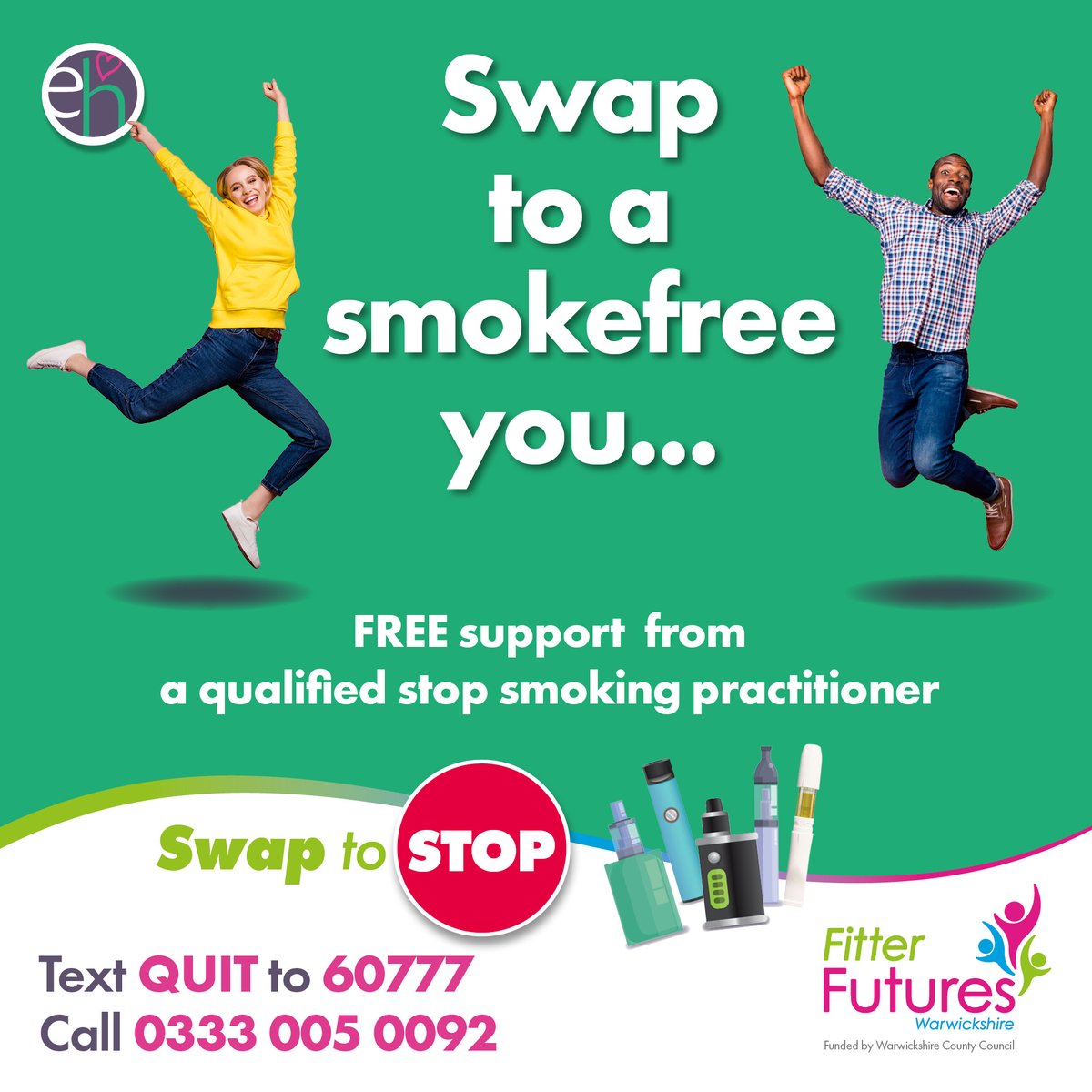 Join the millions of adults across the UK who are going #Smokefree with a Quit Kit. 🚭 1 in 10 ex-smokers have said they’ve successfully quit smoking with the help of an e-cigarette. For free personalised support and advice visit 🔗fitterfutures.everyonehealth.co.uk/stop-smoking-s… or text QUIT to 60777.