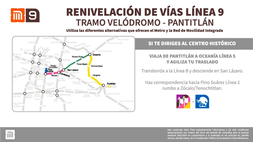 El tramo Pantitlán-Ciudad Deportiva permanece cerrado. Si te diriges al Centro Histórico, puedes iniciar tu viaje en L5 para continuar por LB en Oceanía hasta San Lázaro, después abordar L1 y finalizar por L2 a la estación Zócalo/Tenochtitlan.