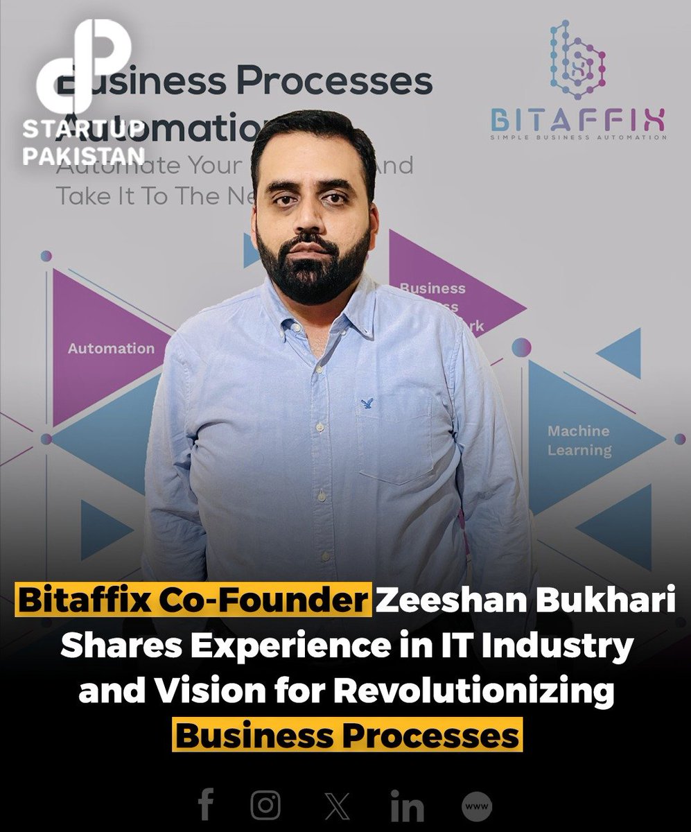 PakStartup's tweet image. In an interview with Startup Pakistan, Zeeshan Bukhari shared insights into his journey in the IT industry and the founding of Bitaffix.

#BitAffix #CoFounder #Startup #Interview #Tech #IT #AutomatedWorkflow #MiddleEast #Global #GameChanger

Read More: startuppakistan.com.pk/bitaffix-co-fo…