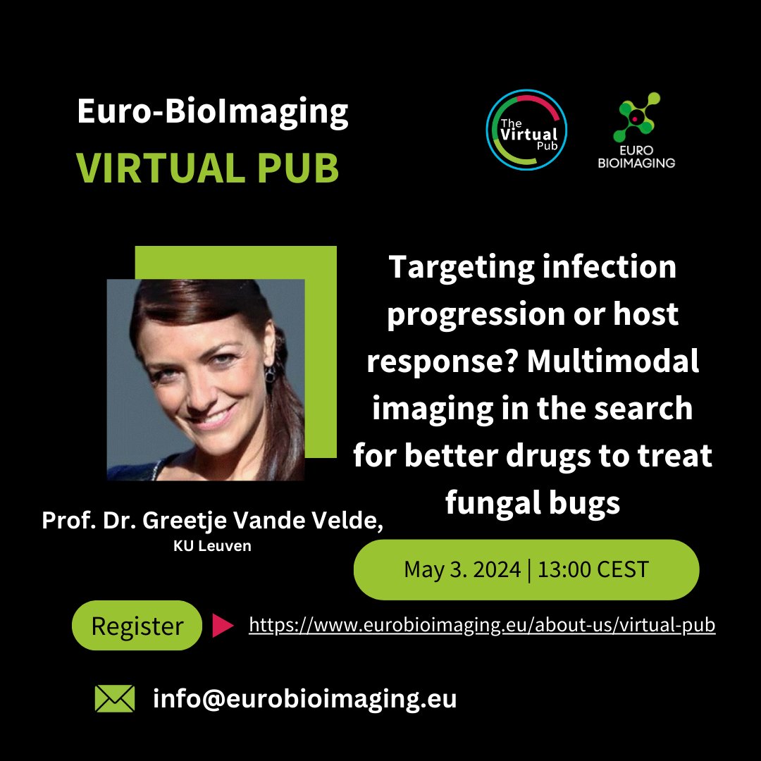Don't mis this week's #VirtualPub! Prof. Dr. Greetje Vande Velde, @KU_Leuven will talk on “Targeting infection progression or host response? Multimodal imaging in the search for better drugs to treat fungal bugs.”
Join us!
🗓️Friday, May 3 @ 13:00 CEST
eurobioimaging.eu/about-us/virtu…