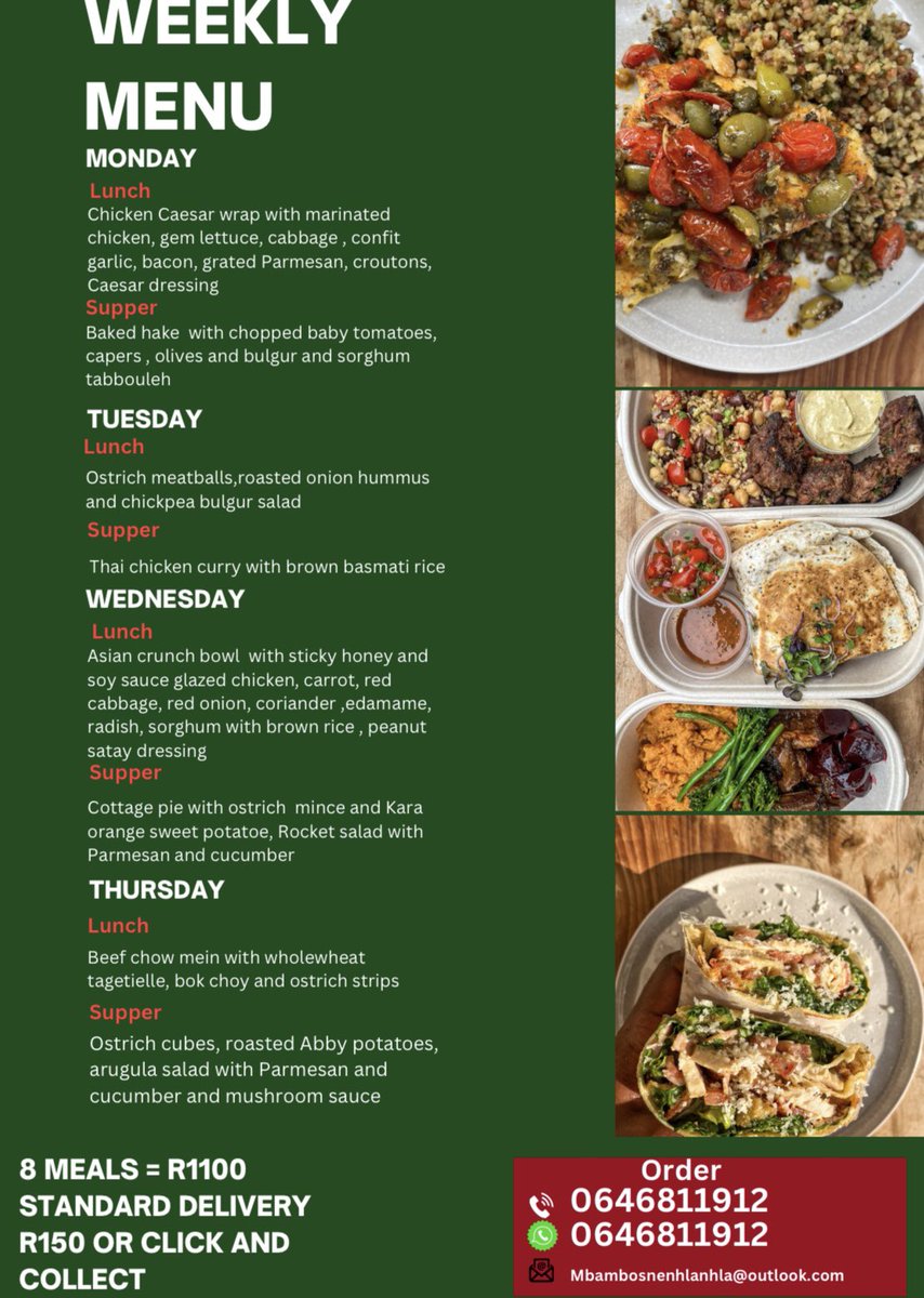 This is the menu for the next 2 weeks. Please WhatsApp : 0646811912 or email 
mbambosnenhlanhla@outlook.com
Currently based in Durban