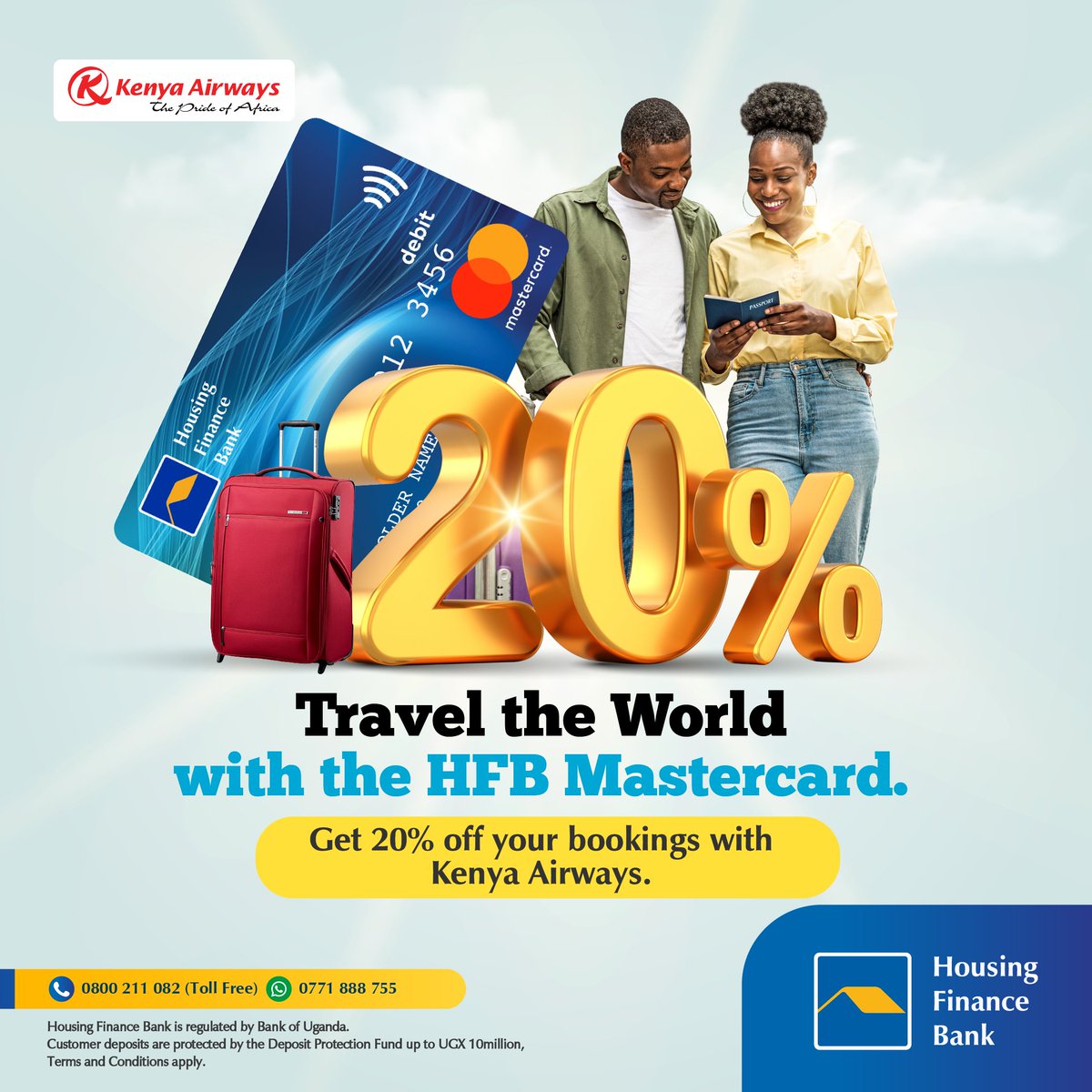 #AD
Your chance to cease an opportunity to tour around the world at a discount is here📣

🥳Enjoy a discount of up to 20% when you reserve your flight ticket with Kenya Airways using your be #HFBMastercard.

💳Get your card at any HFB branch near you to get started!
#WeMakeItEasy