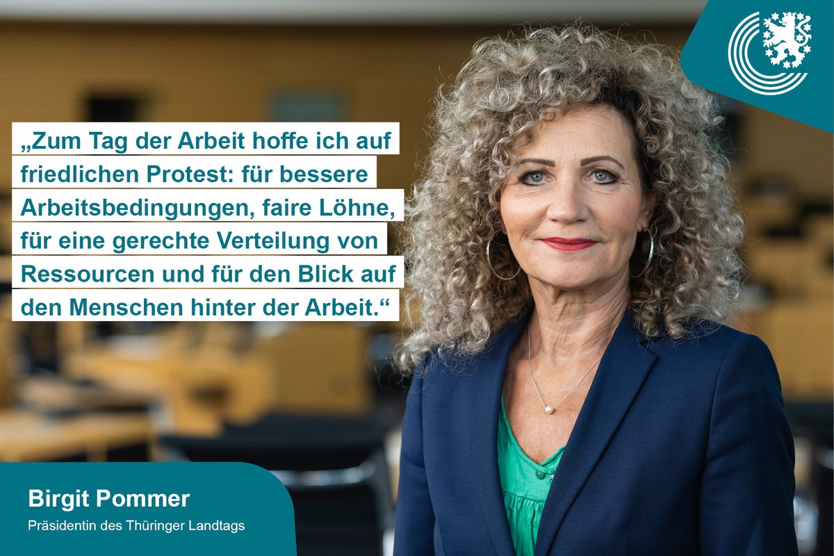 'Zum Tag der Arbeit hoffe ich auf friedlichen Protest: für bessere Arbeitsbedingungen, faire Löhne, für eine gerechte Verteilung von Ressourcen und für den Blick auf den Menschen hinter der Arbeit', sagt Landtagspräsidentin Birgit @TLTpommer zum diesjährigen #tagderarbeit .