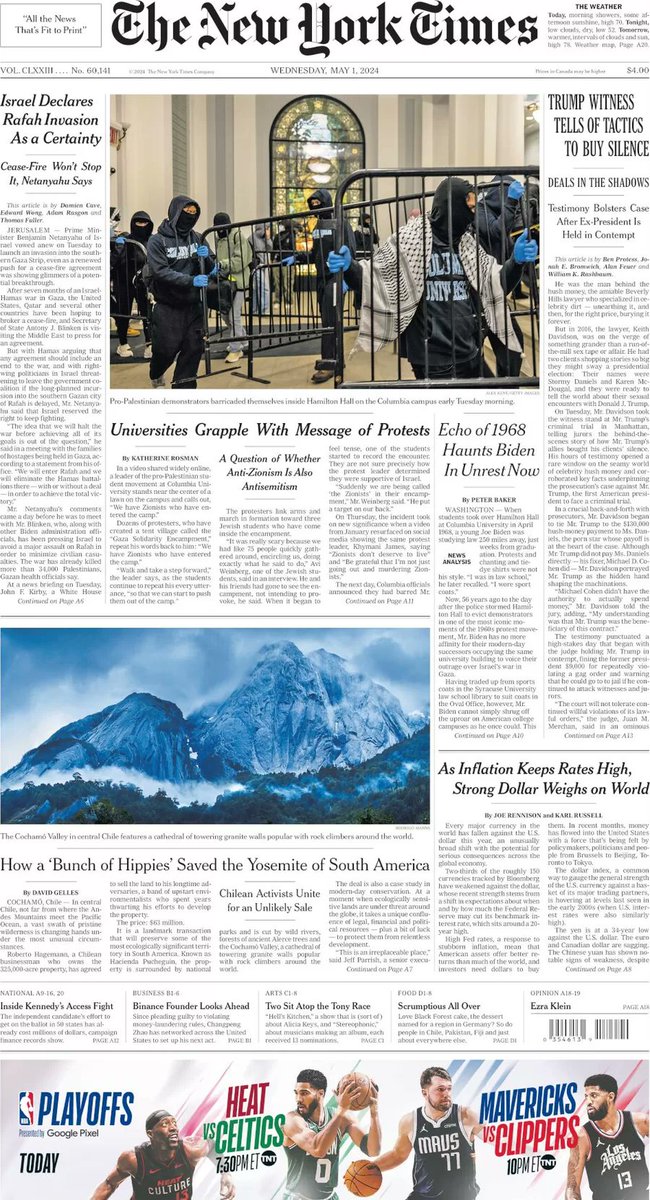 COLUMBIA CRACKDOWN: Wednesday's @WSJ and @NYTimes with page one coverage of the arrests Tuesday night on the @Columbia campus; as NYPD removed and arrested as many as four dozen pro-Palestinian protesters on the #MorningsideHeights campus on the upper west side of #Manhattan.