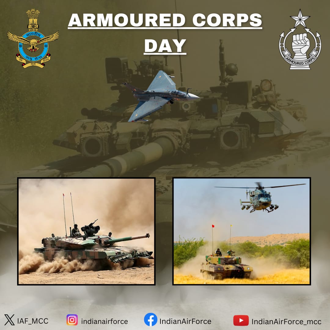 The CAS Air Chief Marshal VR Chaudhari and all personnel of the #IAF convey their greetings & best wishes to all personnel of the Army Armoured Corps on the occasion of their 86th Raising Day. @adgpi