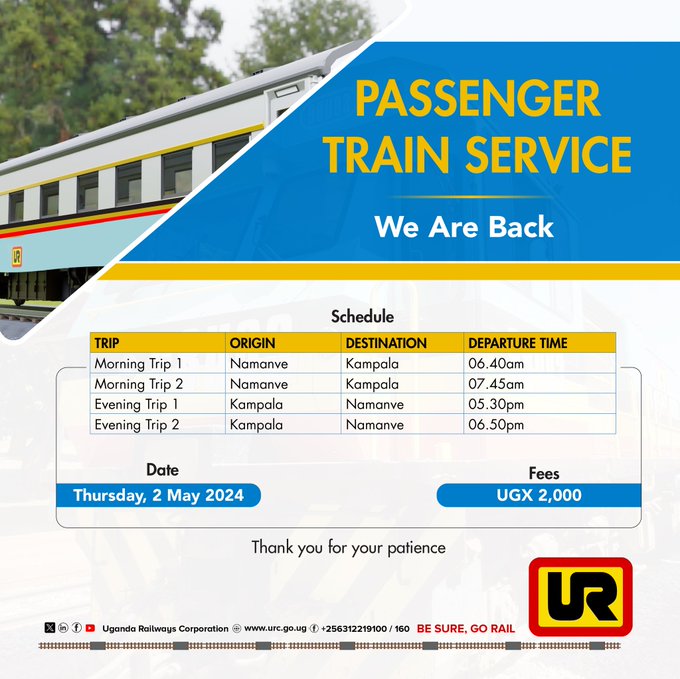 The passenger train service is back, and the day is tomorrow. keep time incase you want to use the train.
#Ugmoving4wd
Nyasi, Mpuuga, Homosexuality, Sharon, Namboole, Entebbe, Anita Among