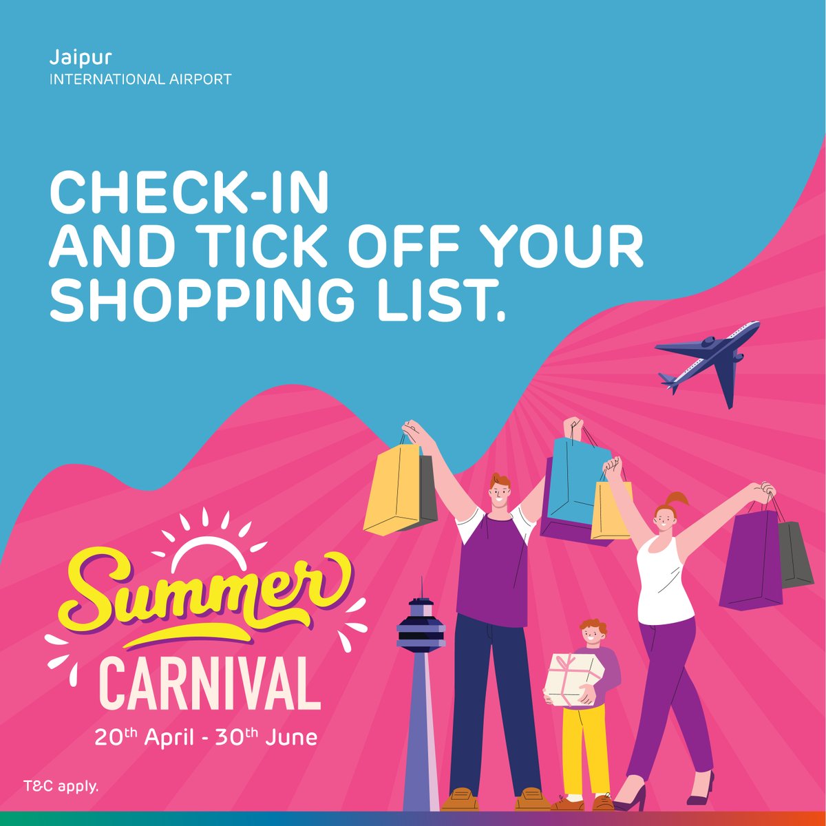 Fly into a world of exciting deals and discounts at our Summer Carnival. So, pack light and shop heavy!

#JaipurAirport #GatewayToGoodness #SummerCarnival #Offers #Explore #Airport