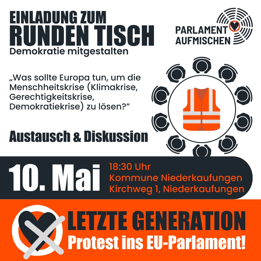 Am '#RundenTisch' kann jede Person #Demokratie mitgestalten und ihr Anliegen einbringen, welches in #Brüssel bearbeitet werden soll.

Leitthemen sind:
Was sollte #Europa tun, um die Menschheitskrise (#KlimakriseISTjetzt Gerechtigkeitskrise, Demokratiekrise) zu lösen? 
#Europawahl