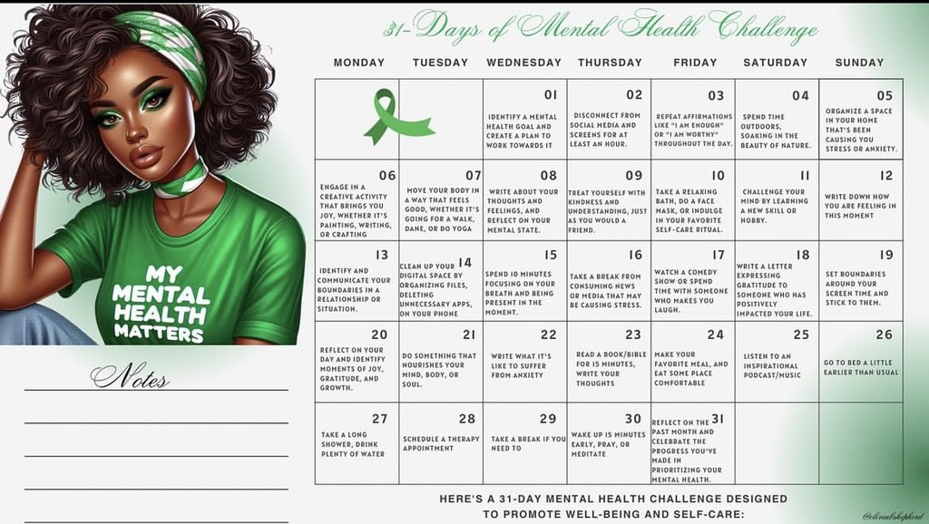 #MentalHealthAwarenessWeek 
May 13-19, 2024! 
This year's theme is 'Movement: moving for our mental health.
Please see calendar below by @OliviaBShepherd with some suggestions to move your MH forward 💚
 #FindYourMovement  #SelfCare #MindBodyConnection
⬇️⬇️⬇️⬇️