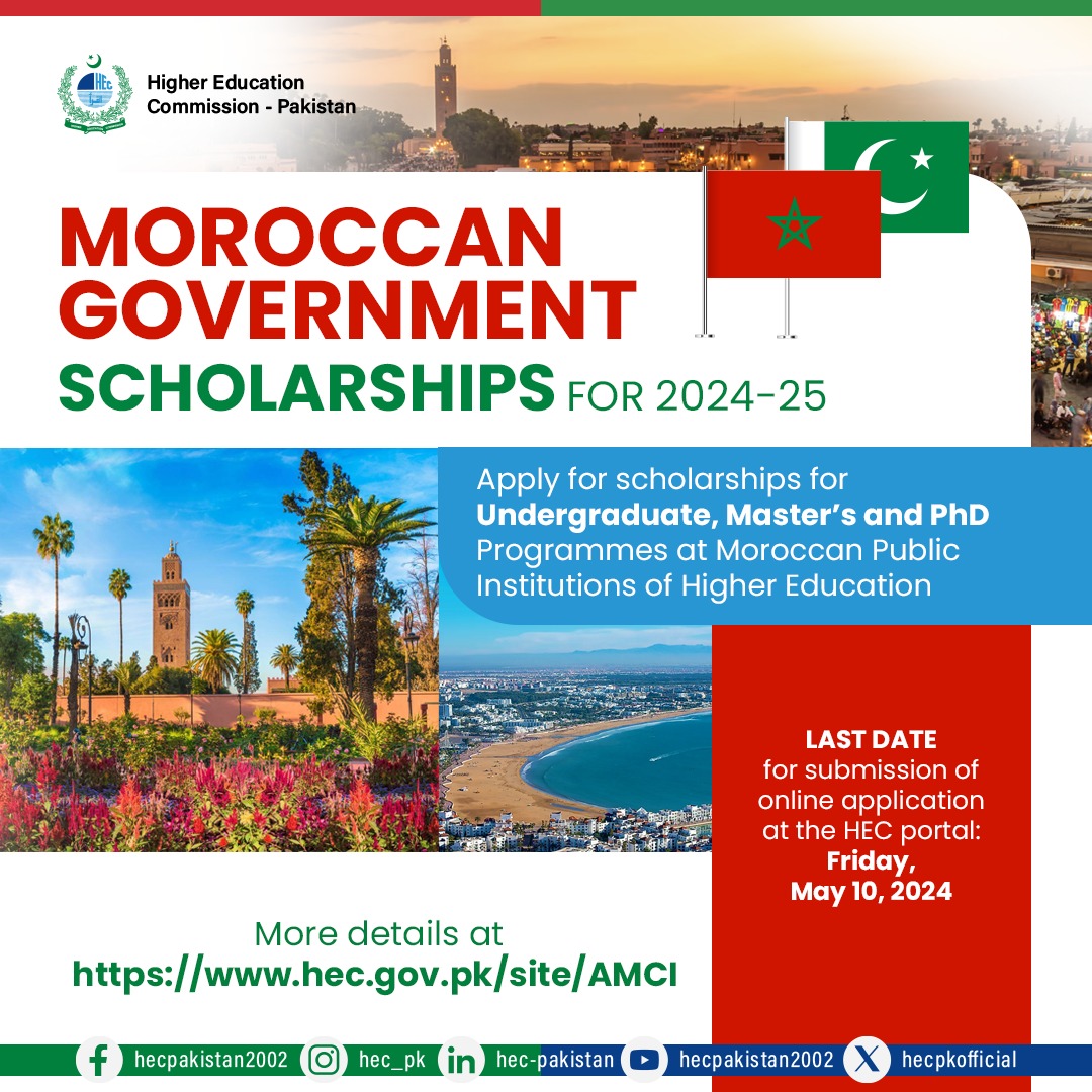 The Moroccan Agency of International Cooperation (AMCI) has announced #scholarships for Pakistani students to study Undergraduate, Master’s and PhD at Moroccan Public Institutions of Higher Education. For further details, visit hec.gov.pk/site/AMCI

#HEC #Studyabroad