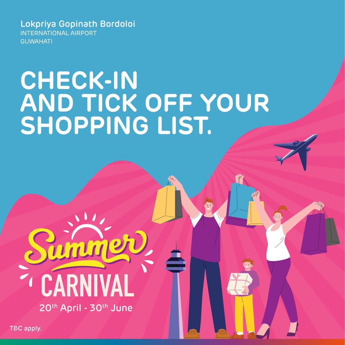 Fly into a world of exciting deals and discounts at our Summer Carnival. So, pack light and shop heavy!

#GuwahatiAirport #GatewayToGoodness #SummerCarnival #Offers #Explore #Airport