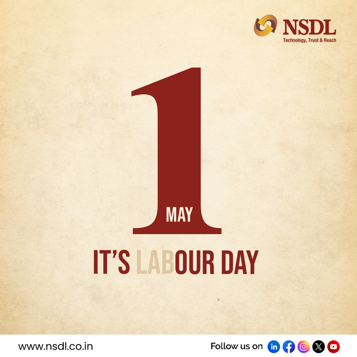 May your unwavering dedication and hard work be acknowledged not just today, but every day. 

Happy International Labour Day.

#NSDL #LabourDay #communitybuilding  #employeewelfare #surakshitsamajhdaratmanirbharniveshak #capitalmarket #investment #invest #finance