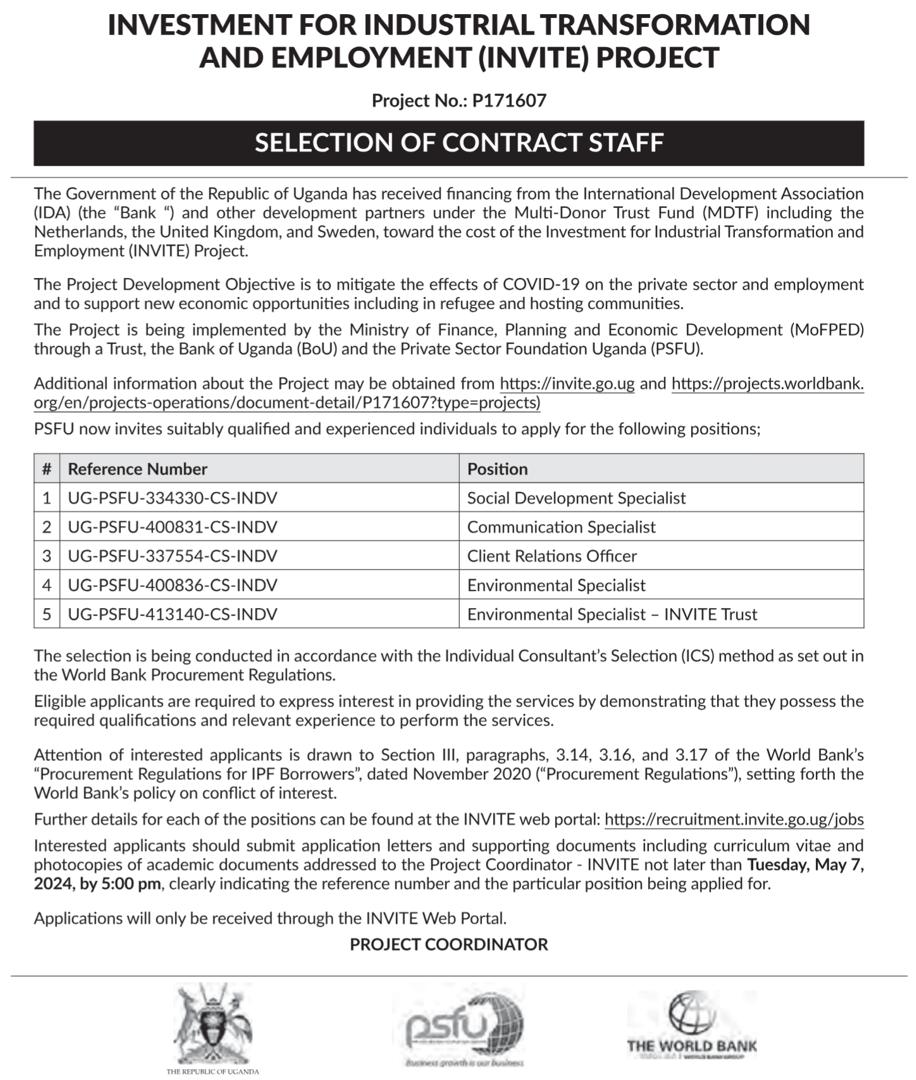 JOB ALERT 🚨 
Several vacancies are available for contract staff under the investment for industrial transformation and employment project.

Details are attached below
#jobclinicug #jobs #jobsinuganda #ApplyNow #hiring #Entebbe #jobseekers #careers