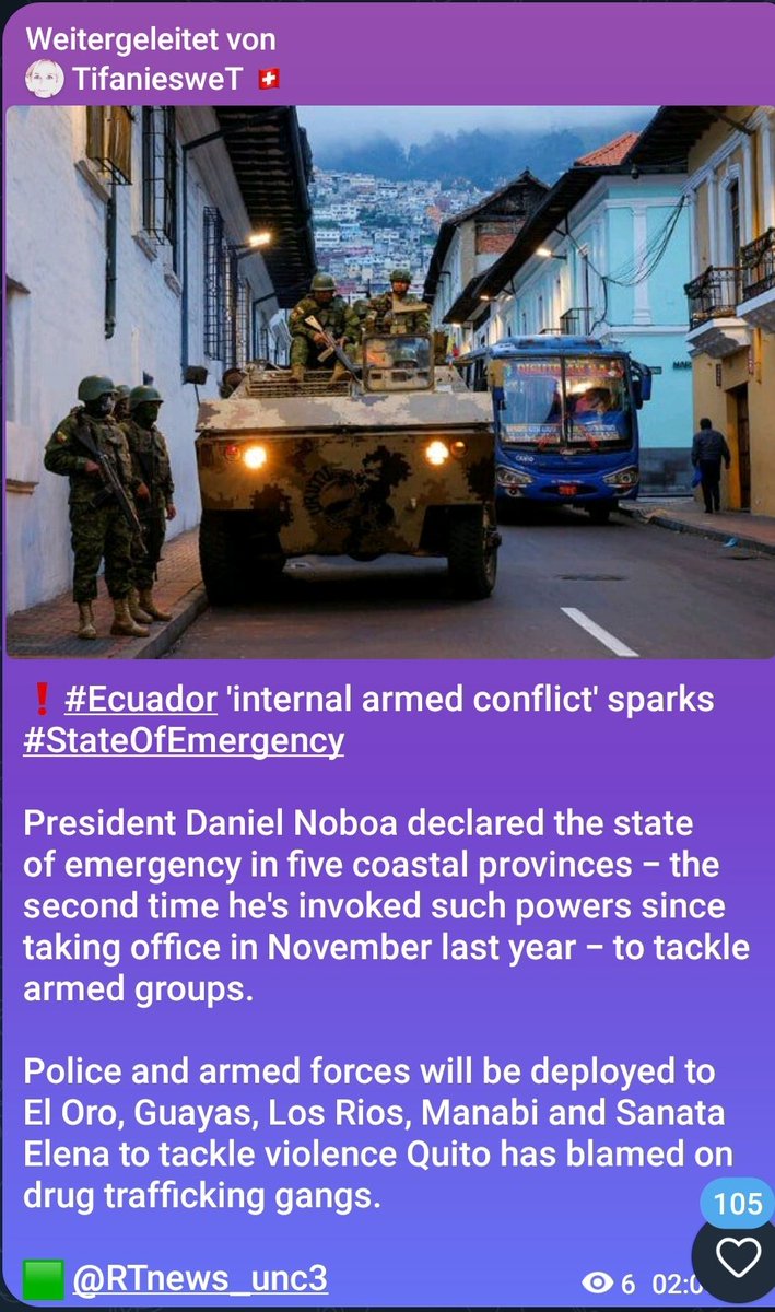 ❗️#Ecuador 'internal armed conflict' sparks #StateOfEmergency 

President Daniel Noboa declared the state of emergency in five coastal provinces - the second time he's invoked such powers since taking office in November last year - to tackle  armed groups.
...

🟩 @RTnews_unc3