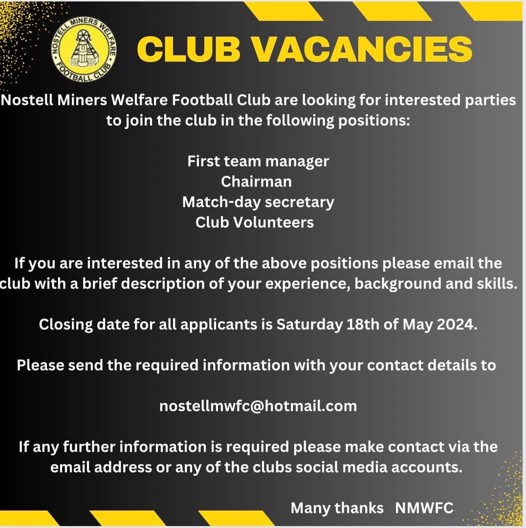⚽️| 𝘾𝙡𝙪𝙗 𝙊𝙥𝙥𝙤𝙧𝙩𝙪𝙣𝙞𝙩𝙞𝙚𝙨 As the season draws to a close, we have opportunities for the following positions. Any shares would be greatly appreciated as we look to rebuild. @nonleaguevol @NCEL