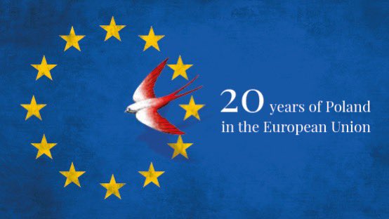 🇵🇱 20 years in 🇪🇺 are not only about economic growth and sustainable development. It is first and foremost security and common 🇪🇺 values - democracy, rule of law, human rights, pluralism and solidarity. Anniversary poster by Andrzej Pągowski.