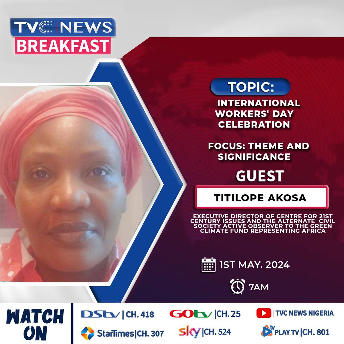 Join me now on <a href="/tvcnewsng/">TVC News</a> to discuss issues concerning workers in Nigeria as we celebrate #WorkersDay2024