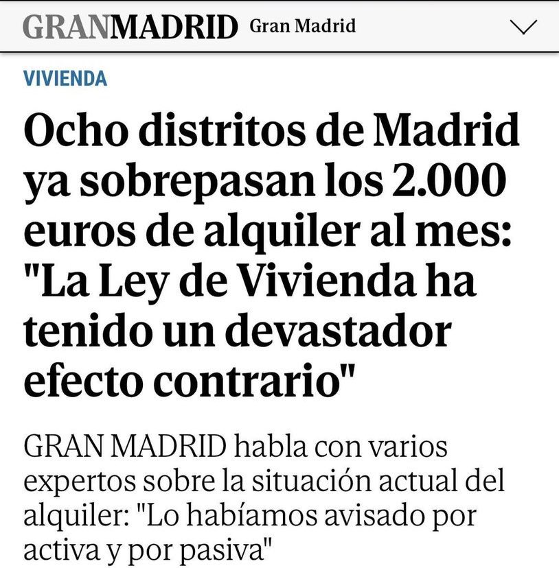 ‼️ Fake News Según @EM_GranMadrid los precios del alquiler se han disparado por una ley que no se aplica en Madrid 😂 Ni fondos buitres, ni AIRBNB, ni especulación o rentismo, ni liberalismo económico o falta de inversión en vivienda pública… Detrás de cada fracaso madrileño…