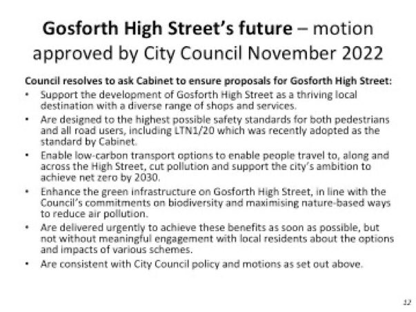 space4gosforth's tweet photo. In November 2022, @NewcastleCC Councillors, including the Leader of the Council, unanimously supported a motion on the future of Gosforth High Street. The trial layout doesn’t achieve any of these outcomes and should be replaced with a new layout that does. https://t.co/nitv8ey6wG