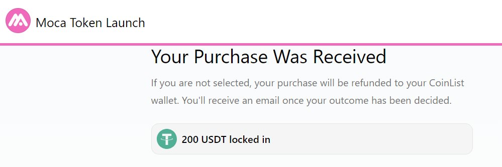 あぶねぇ～、今日まででしたッ💦
$MOCA パブリックセールに申請完了ッ

当たるといいなぁ🌈✨

Just registered for the Moca Token Launch on @CoinList #LockedIn offers.coinlist.co/o/moca