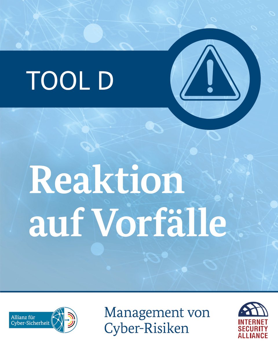 Mithilfe von TOOL D kann die Unternehmensleitung sicherstellen, dass erforderliche Sicherheitsmaßnahmen und Fähigkeiten vorhanden sind. Neun Fragen, die die Unternehmensleitung zur Reaktion auf Vorfälle stellen sollte, gibt's hier: 👉️ allianz-fuer-cybersicherheit.de/dok/cyberriskm…