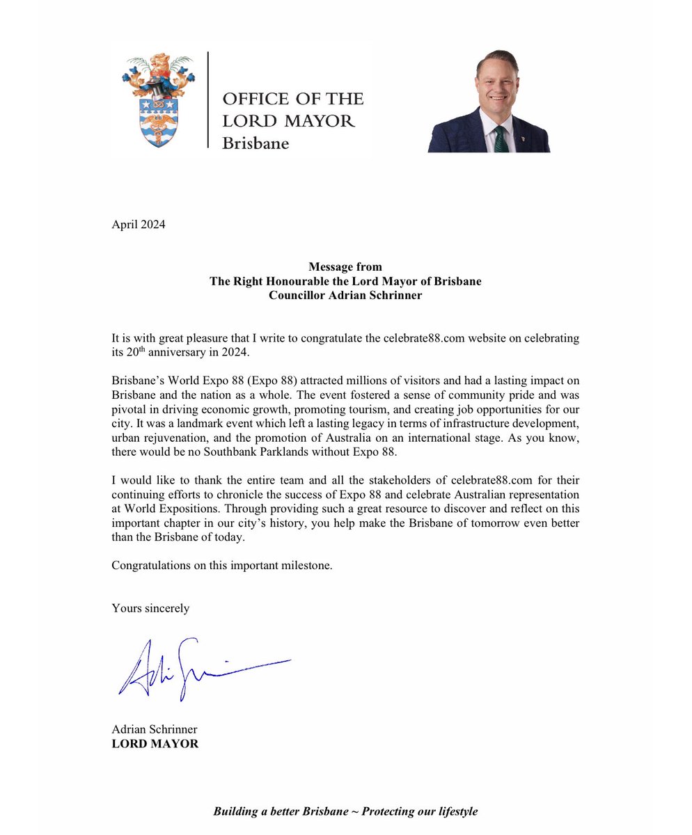 Kind words from the Rt Hon Cr Adrian Schrinner Lord Mayor of Brisbane, on the occasion of celebrate88.com’s 20th Anniversary.

@bieparis @australiaatexpo