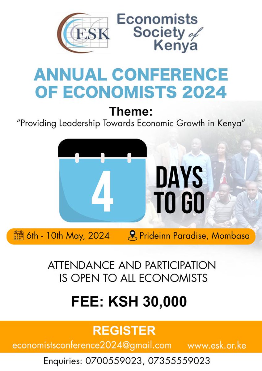 Tick tock !
Time is running out.
Have you secured 🔐 your ticket 🎟️?
Four 🕓 days to the Annual National conference of Economists!
This time round Economists Society of Kenya (ESK) is going bigger !.Book your slot 🎰 today . Don't stand a chance to miss this out #annualconference