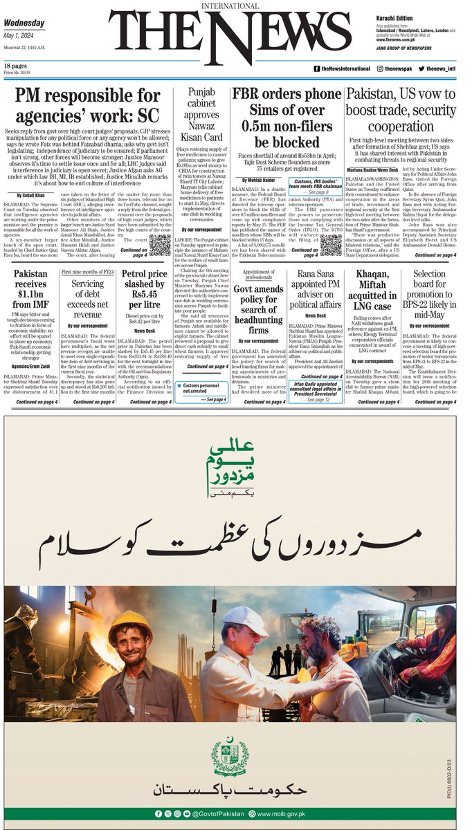 TODAY'S PAPER MAY 01, 2024. For more: e.thenews.com.pk #TheNews