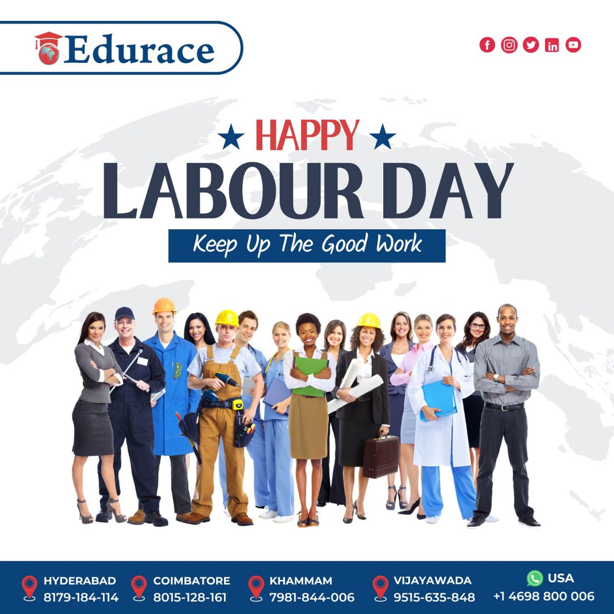 Happy Labour Day, everyone! Today, let's celebrate the hard work, dedication, and achievements of workers worldwide. Whether you're in the office, on the field, or pursuing your passion, your efforts make a difference. #eduraceservices #happylabourday