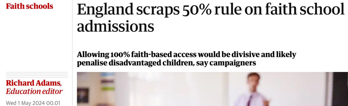 Religious schools in England can now turn away all children whose parents believe in the same god in a different way, or a different god, or no god at all bit.ly/3Wi3HF6 the bunkering down policy is supported by religious leaders.