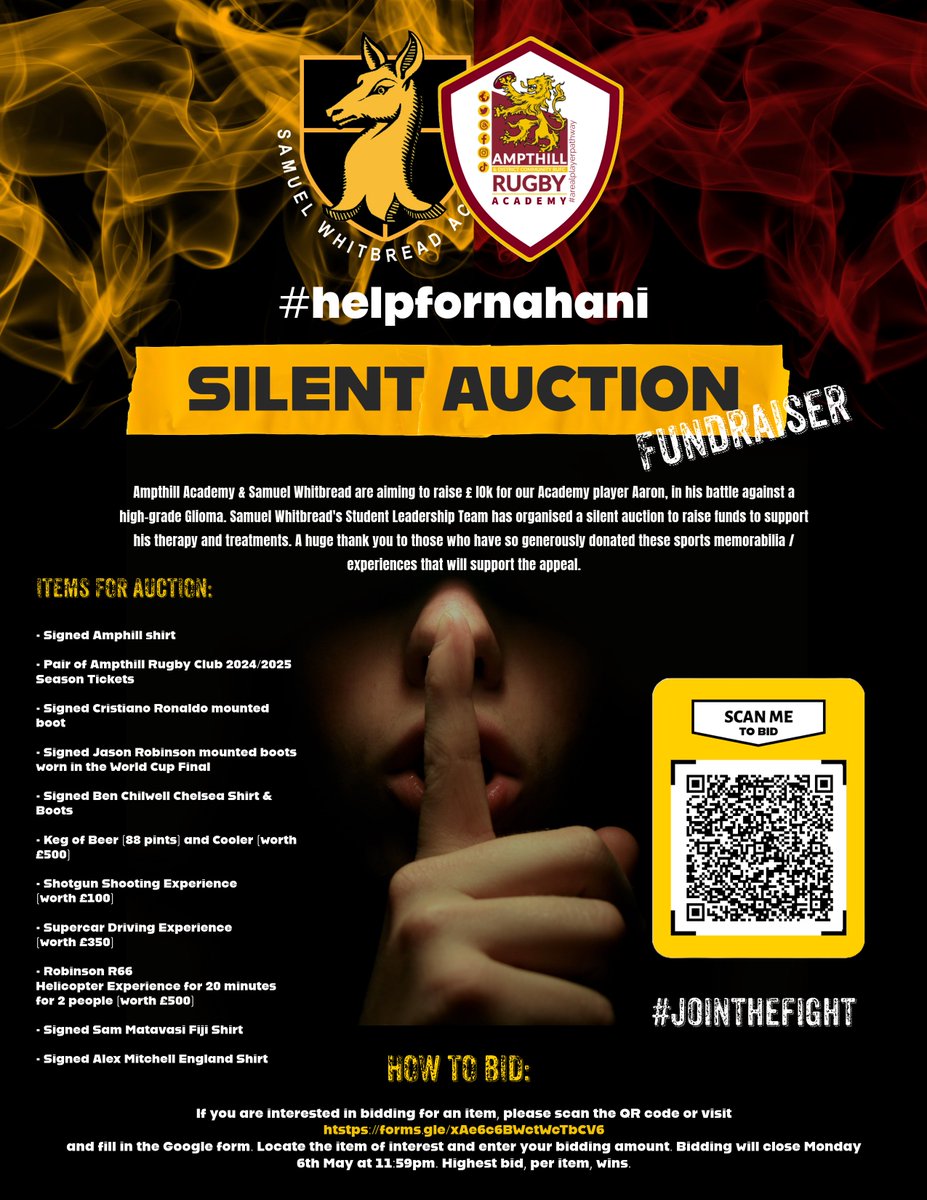 Ampthill Academy & Samuel Whitbread are aiming to raise a further £10k for our Academy player Aaron, in his battle against a high-grade Glioma.

HOW TO BID:
If you are interested in bidding for an item, please scan the QR code or visit htstps://forms.gle/xAe6c6BWctWcTbCV6