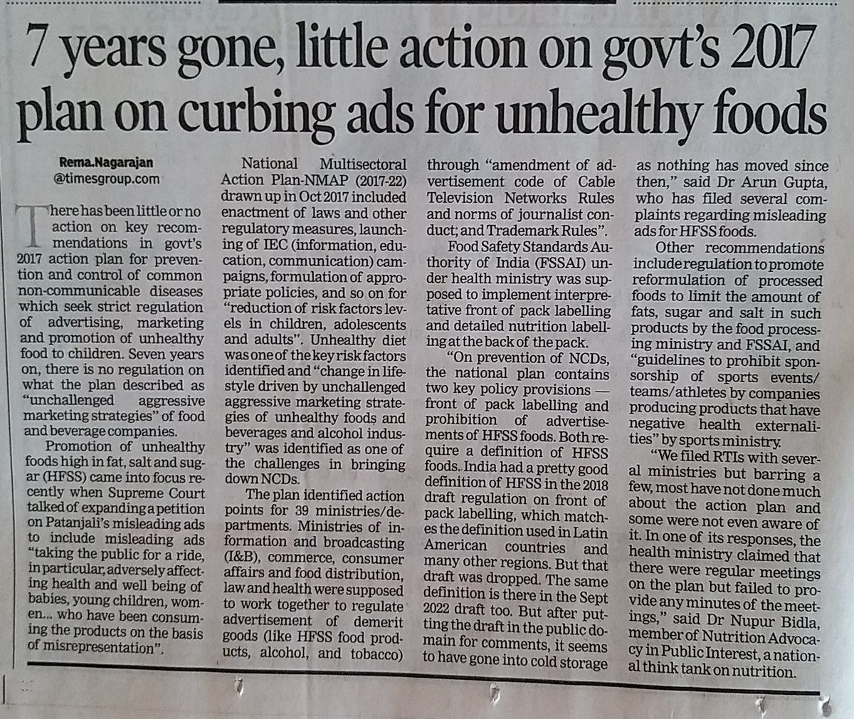 Grand sounding National Multisectoral Action Plan-NMAP (2017-22) for prevention and control of common non-communicable diseases seeks strict regulation of advertising, marketing, promotion of unhealthy food to children SEVEN yrs later it's gathering dust No law yet to curb ads