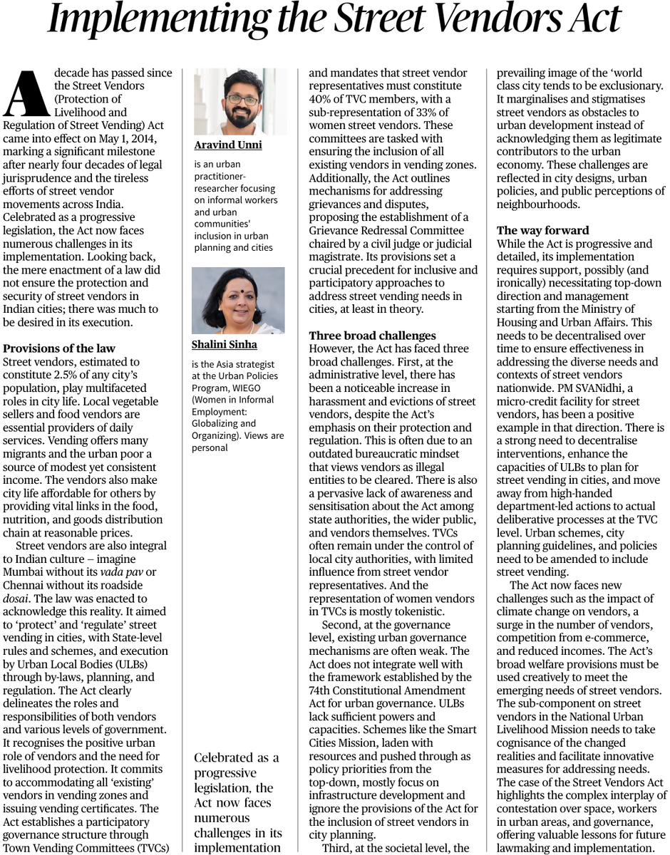 On May Day, @ShaliniWIEGO & I write for @the_hindu @TheHinduComment - 'A decade has passed since the Street Vendors Act came into effect on May 1, 2014, marking a significant milestone. Celebrated as a progressive legislation, the Act now faces numerous challenges.' We argue👇🏿🧵