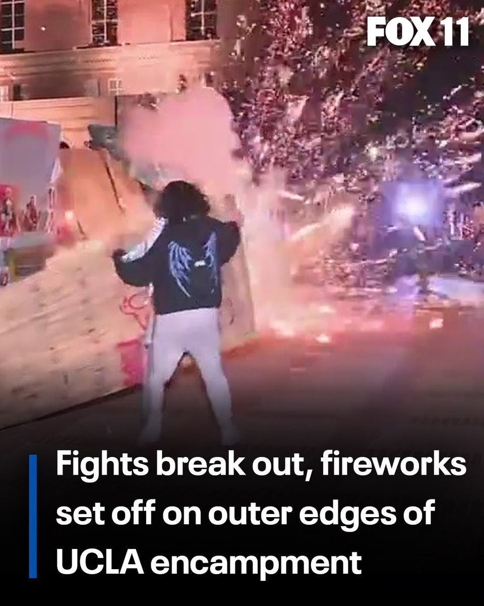 FOXLA's tweet photo. #BREAKING: Firecrackers thrown at pro-Palestine encampment at UCLA; Multiple brawls break out https://t.co/Chh0LxXVCM https://t.co/k3ssAohXkZ